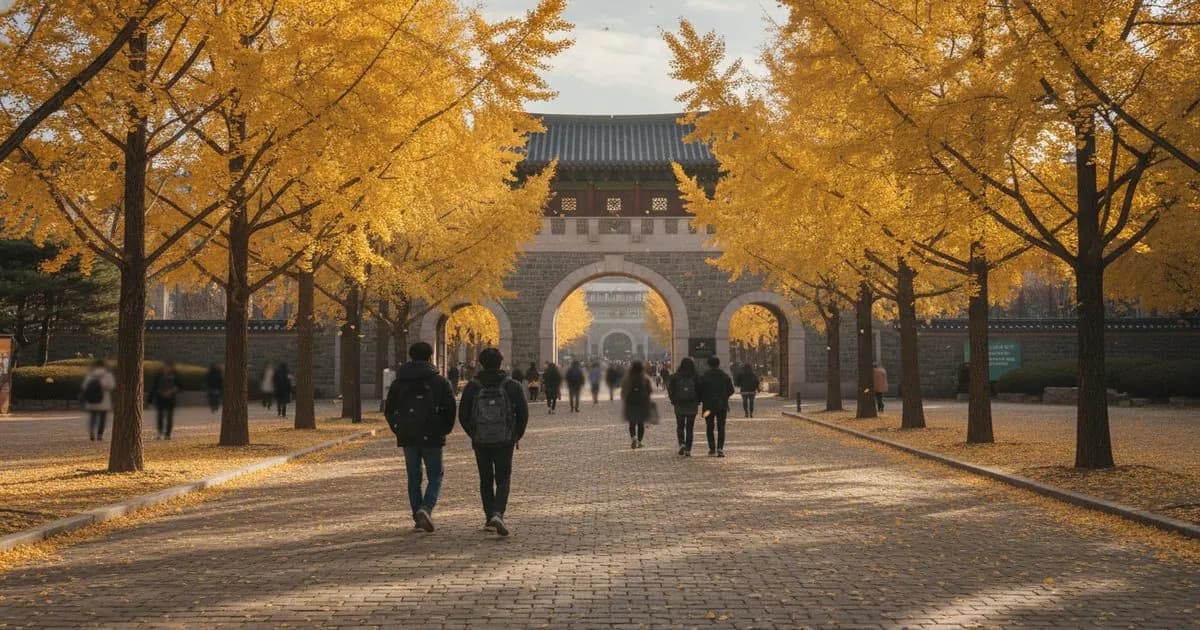 외국인 전형 — 은행잎 물든 가을 한국 대학 캠퍼스를 걷는 학생들