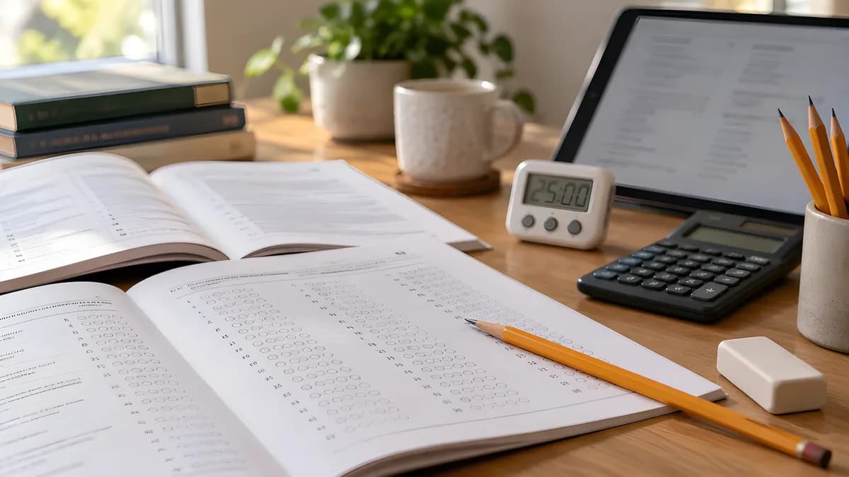 SAT 여름특강 — 여름 햇살이 드는 책상 위의 SAT 모의고사 문제지와 타이머