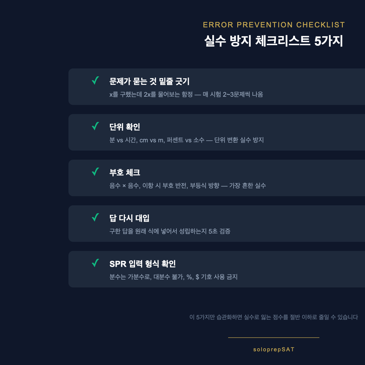 SAT 수학 실수 방지 체크리스트 5가지 — 문제 확인, 단위, 부호, 대입 검증, SPR 형식