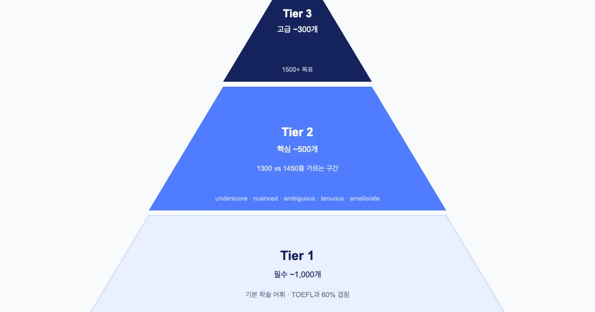 SAT 단어 난이도 — SAT 어휘 난이도 피라미드 — Tier 1 필수 46개, Tier 2 핵심 40개, Tier 3 고급 38개