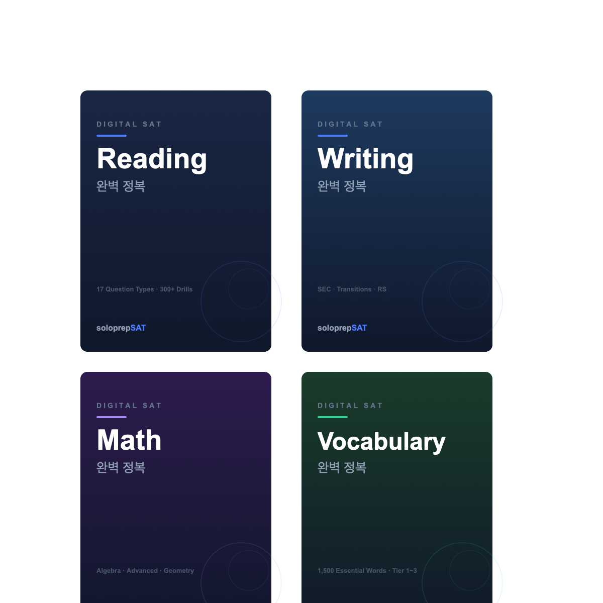 솔로프렙SAT 자체 제작 교재 4종 - Reading, Writing, Math, Vocabulary 완벽 정복